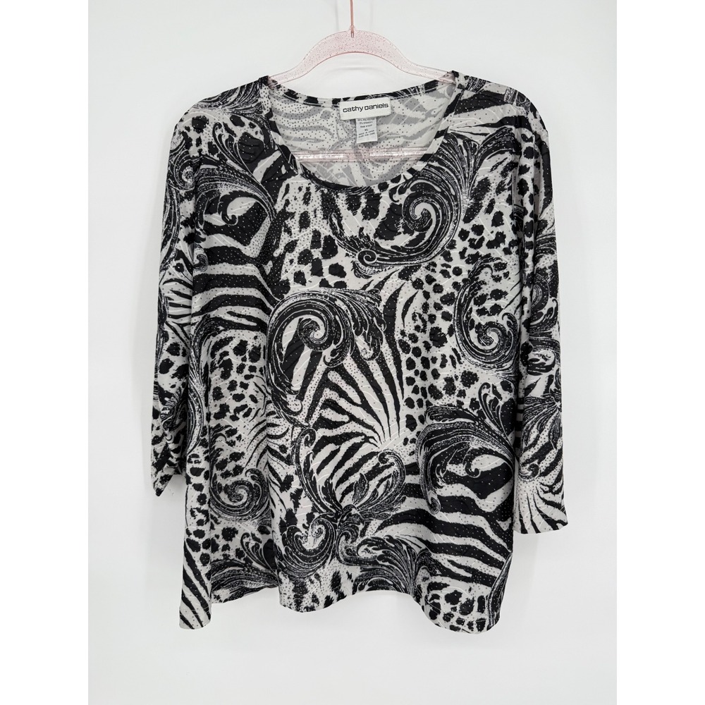 Cathy Daniels Animal Print Zebra Leopard Scroll 3/4 Sleeve Top Womens Sz XL